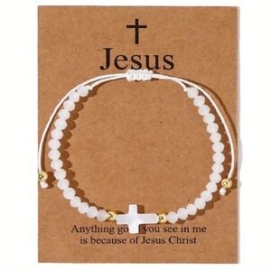 White Beaded Cross Bracelet Adjustable Religious Faith Jewelry Gold Tone Accents